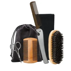 Ican — Kit de toilettage de 4 pièces, peigne à barbe pliable en bois, brosse à cheveux, ciseaux de cisaille