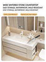Meuble de salle de bain en pierre frittée style crème avec vasque intégrée en céramique sans joint et extension de toilettes