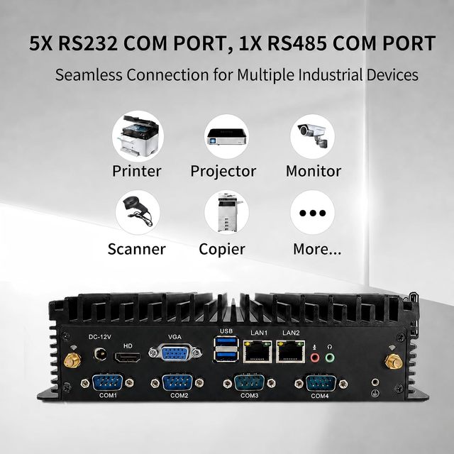 Fanless Mini PC Core I5-7200U Windows 11 Pro 8GB RAM 256GB SSD 6 COM Ports Dual LAN 4K HD VGA 24/7 Operation