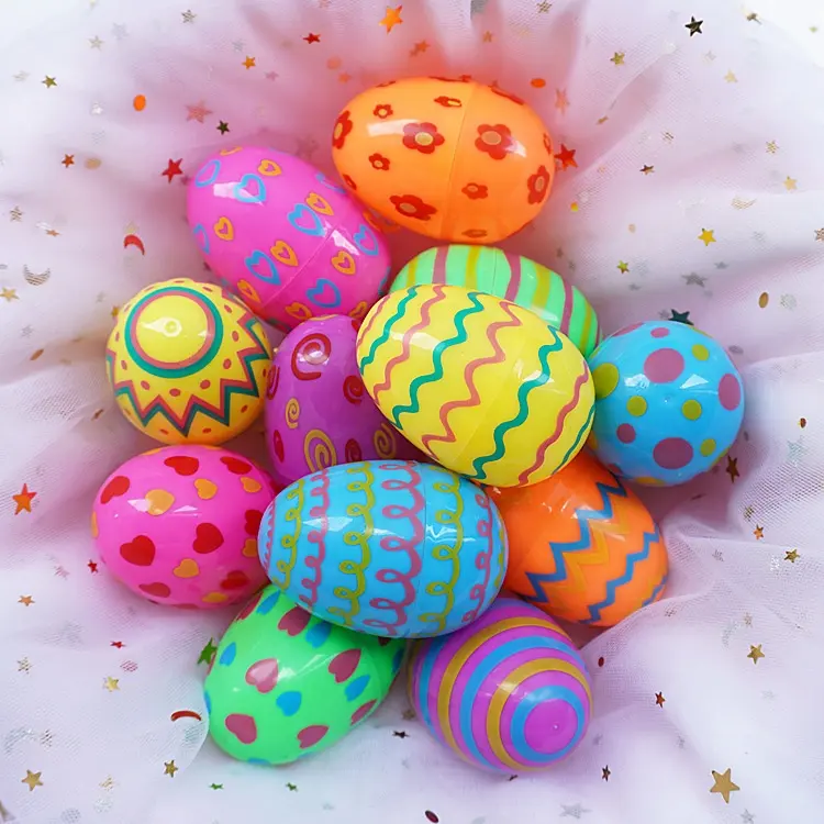 Telur Paskah plastik jumlah besar telur Paskah kosong dengan motif terang untuk berburu Paskah