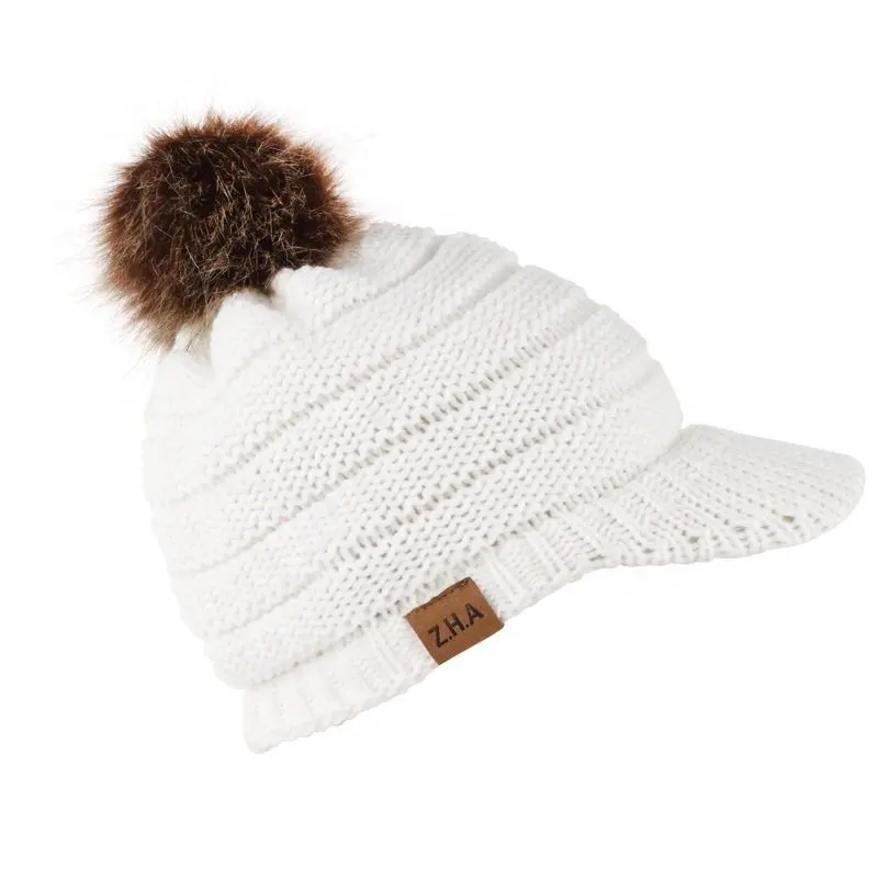 Goedkope Beanie Custom Vrouwen Acryl Knit Rand Muts Visor Beanie Met Bont Pom Pom