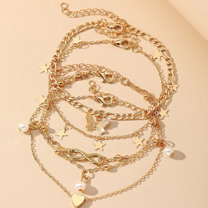 Lot de 4 Bracelets de Cheville Tendance en Alliage Doré avec Perles d'Imitation, Breloques Papillon et Cœur, Superposés, Bijoux de Fête pour Femme, Nouveauté 2024 - Product Image 2