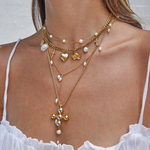 Charm Pendant Necklace 18K Gold Stainless Steel Heart Cross Pearl White Diamonds Party Jewelry - Product Image 3