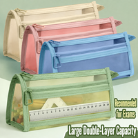 Trousse à crayons transparente en maille, double compartiment, pochette de rangement autoportante, grande capacité, sac à stylos pour examens, pour étudiants et enfants