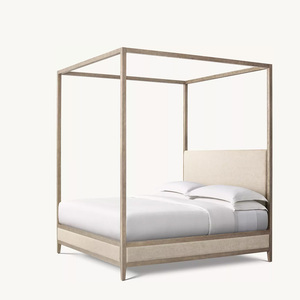 Lit à baldaquin élégant et moderne en chêne clair avec tête de lit capitonnée et panneaux de base intégrés pour chambre à coucher, fabrication OEM personnalisée - Product Image 2