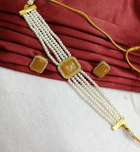 Conjunto de collar de Gargantilla multicapa hecho a mano perlas blancas y piedra para bodas, compromisos, aniversarios, regalo de Material de latón - Product Image 3