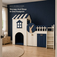 Lit mezzanine pour enfants en bois massif avec rangement, design décalé, cadre en bois courbé multifonctionnel et gain de place, avec barrières de sécurité et échelle.