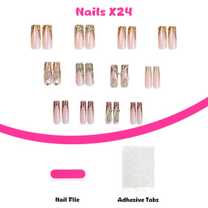 24 Uñas Postizas de Leopardo con Diamantes de Imitación Dorados, Desmontables, de Cobertura Completa, Brillantes, Formato Ataúd para Mujer - Product Image 5
