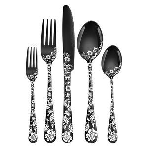 Cubiertos de acero inoxidable con diseño de flores negras para comer, cubiertos, tenedores de cena pulidos mate, cuchillos para carne, cucharas - Product Image 5