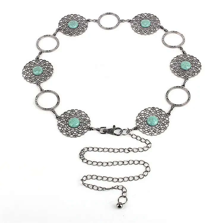 Lady Oval Turquoise Stone Concho Retro Metal Belt Body Chain Jewelry Waist Belts for women