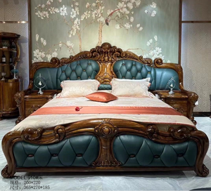 Cama Matrimonial King Size de Lujo Clásico Europeo para Dormitorio de Villa, de Madera Maciza con Cuero Genuino, Almacenamiento y Enchufe, Duradera, 1 Cama - Product Image 2