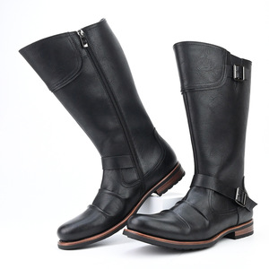 Men's <b>Knee</b>-<b>High</b> Moto Biker Boots Genuine Leather Round Toe Flat Heel Anti-Slippery Rubber Outsole Buckle Decoration - Product Image 4