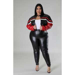 Blouson Bomber Court Femme Personnalisé 2026 en Similicuir Rouge et Noir Motif Flamme Col Montant Manches Longues Style Automne - Product Image 5