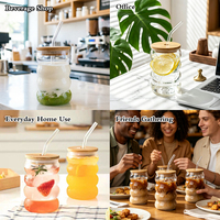 Verre à boire personnalisé en borosilicate, design ondulé, gobelet côtelé avec couvercles en bambou et pailles pour eau et café
