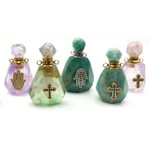 Small design Pave CZ fluorite Amazonite Diffuser Rainbow natural parfum Gemstone Perfume Bottle gold plated charms Jewelry