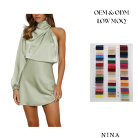 Fournisseur OEM/ODM de mode féminine : Robe midi en satin unie à col montant, coupe trapèze, personnalisable avec marque privée, écologique, grandes tailles disponibles, faible MOQ