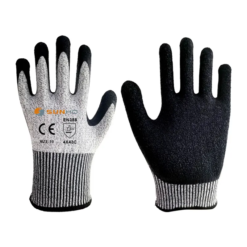 Sunnyhope 13G schutz hppe sicherheit latex nitril beschichtet schnittfeste handschuhe für arbeit schutzhandschuh stufe 5