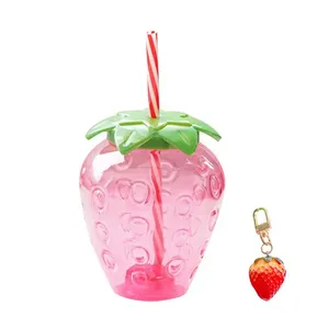 Strawberry Water Bottle 500ml Summer Cartoon Milk Tea Straw Plastic Cup with Lid