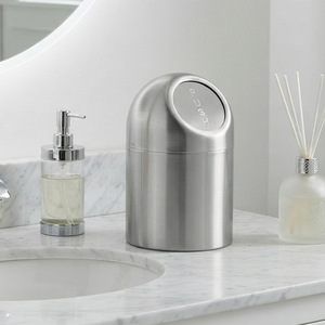 Mini Trash Can Round Flip Top Car Garbage Bin Small Desk Storage Container Silver Color 0.29KGS Weight - Product Image 1