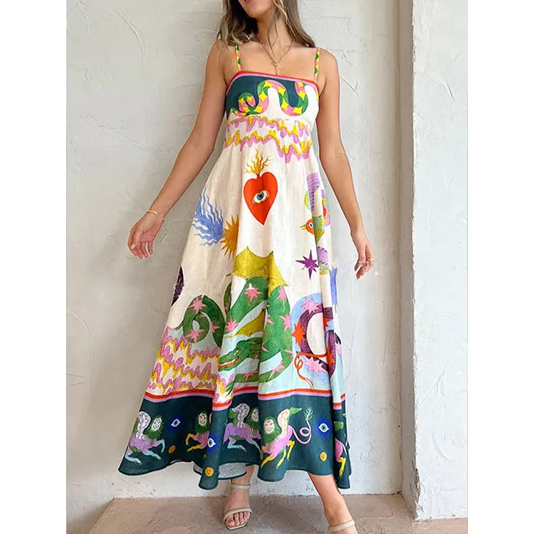 Women's Elegant Off-the-Shoulder Graphic Print Shirred Cami Frock Ladies Chic Vacation Sleeveless Pleated Ruffle Hem Maxi Dress