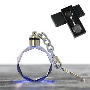 Custom Glass Light Keyring Crystal Octagonal LED Blank Clear Glass Keychain With Black Gift Box Package