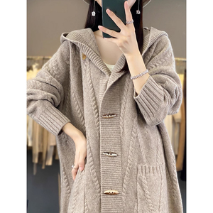 Guoou Inner Mongolia Wool Mid <strong>Long</strong> Cashmere Sweater Cable <strong>Cardigan</strong> <strong>Hooded</strong> <strong>Cardigan</strong> <strong>Women</strong> - Product Image 6