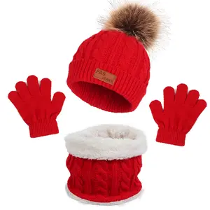 2022 Hot Koop Baby Winter Gebreide Warme Muts Met Bont Bal Baby Gebreide Beanie Mitten Fleece Sjaal Set