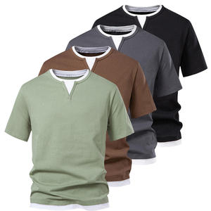 Camiseta Casual de Manga Corta para Hombre de Alta Calidad, Cuello en V Pequeño, Diseño de Bloques de Color Sólido, para Jóvenes Adultos, Camiseta Transfronteriza - Product Image 1