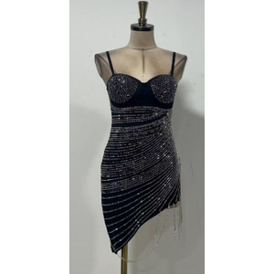Elegante abito da donna lungo fino al pavimento con strass scintillante con paillettes impero 3D formale con perla da festa - Product Image 1