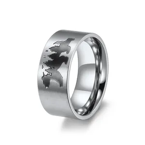 新款9毫米不锈钢戒指银黑激光北极熊飞鸟森林动物植物不锈钢戒指指环
