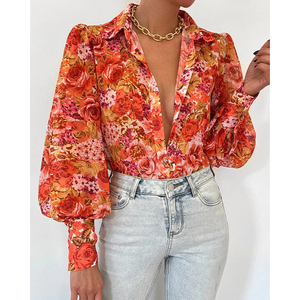 Camicette con maniche a sbuffo Sexy con scollo a V eleganti da donna allentate e stampate con colletto rialzato camicie Top - Product Image 6
