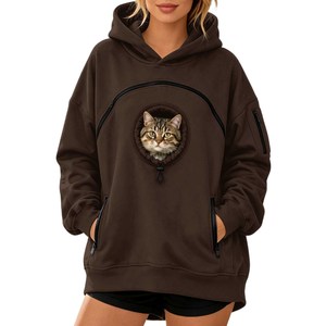 Felpa Oversize da Donna con Foro per Animali Domestici, Design con Tasche con Cerniera, per Trasporto <span class=keywords><strong>Gatti</strong></span>, Inverno/Autunno/Primavera - Product Image 1