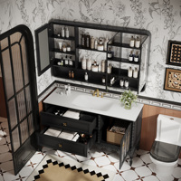 Meuble-lavabo double sur pied en bois massif sculpté doré, style vintage français, sur mesure, avec vasque en pierre et miroir LED intelligent