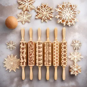 Christmas Flower Snowflake Pattern Rolling Pin Beech Wooden carving fondant Embossing Baking cookie BAKING ROLLER Rolling Pin