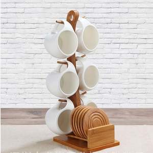 Coffee Mug Set, Ceramic Coffee Mug with <strong>Wooden</strong> Cup Holder and 6 Hooks Holder, Suitable for Kitchen <strong>Countertops</strong> - Product Image 4