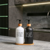 Distributeur de savon en verre 16 oz, flacon Boston avec pompe en bambou, conteneur de lotion, flacon pour lavage des mains, flacon de salle de bain