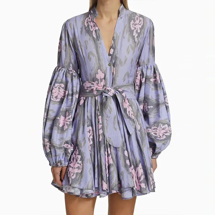Wholesale 2022 trending elegant long sleeve button down purple floral digital print shirt dress mini summer casual women dress