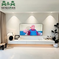 Meuble TV mural blanc mat, rangement à cinq tiroirs sans joint, bande LED lumineuse, console flottante moderne et minimaliste