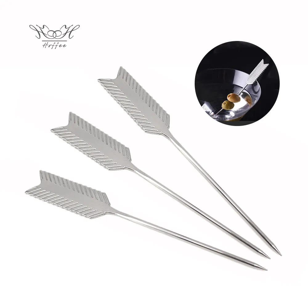 Food Grade Stainless Steel Feather Shaped Metal Cocktail Skewers Stirring Stick Fruit Picks Bar Tools Cocktail Fruit Stick