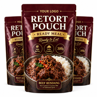 Sachet rétractable personnalisé de qualité supérieure à trois soudures, en aluminium haute barrière, pour emballage à 121 degrés de plats préparés (Rendang de bœuf)