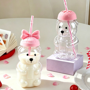 Mignonne tasse en verre en forme d'ours 3D avec couvercle et paille en silicone colorés, gobelet réutilisable motif ours de dessin animé pour lait, jus, eau, cadeau pour enfants - Product Image 5