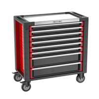 Chariot d'atelier KINBOX 01RS4M8 à 8 tiroirs, large, en acier, avec plan de travail en acier inoxydable, bac de rangement, noir et rouge