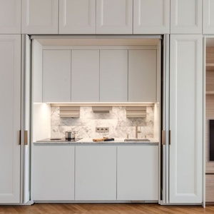 Mueble <span class=keywords><strong>de</strong></span> <span class=keywords><strong>Cocina</strong></span> Personalizado Senger, Aparador <span class=keywords><strong>de</strong></span> Comedor <span class=keywords><strong>de</strong></span> Madera Blanca Pura con Tablero <span class=keywords><strong>de</strong></span> Melamina, Almacenamiento con Puerta Plegable Deslizante - Product Image 2