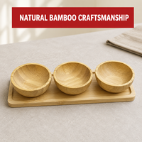 Ensemble de 3 bols à collation en bambou naturel avec plateau de service, bols ronds pour condiments et noix, support en bois antidérapant pour la cuisine et la maison