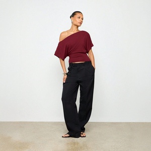 Kaos Wanita Lengan Kelelawar Satu Bahu, Atasan Lengan Pendek Berpinggang, Blus Fashion Populer Mewah Tanpa Bahu - Product Image 4