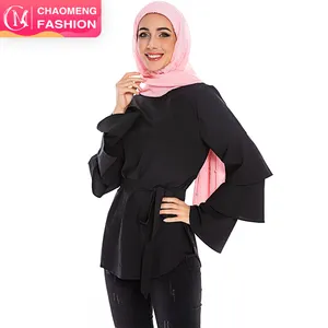 2028 # シンプルなファッションイスラム服イスラム教徒の女性トップスロングフリルデザインスリーブブラウスチュニック