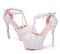 BS012 nouvelle dentelle perlée strass chaussures de mariage14cm sandales à talons hauts plate-forme à bout rond chaussures de bal à talons hauts