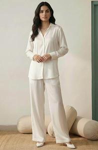 Ensemble coordonné deux pièces en satin uni pour femme, haut et pantalon, tenue décontractée confortable et respirante, écologique, pour toutes les saisons - Product Image 5