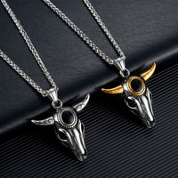Pendentif Tête de Bœuf en Corne de Buffle, Collier Animalier en Acier Inoxydable, Bijou Punk pour Homme, Collier Taureau Bovin