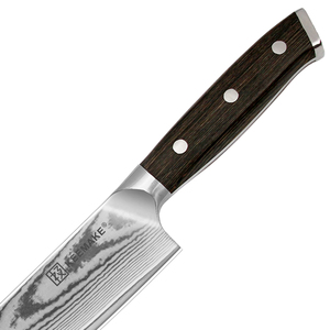 Couteau Santoku KEEMAKE 7 pouces en acier Damas, motif sable fluide, ultra-affûté, ambidextre, écologique, finition brossée, manche en bois Pakka - Product Image 5
